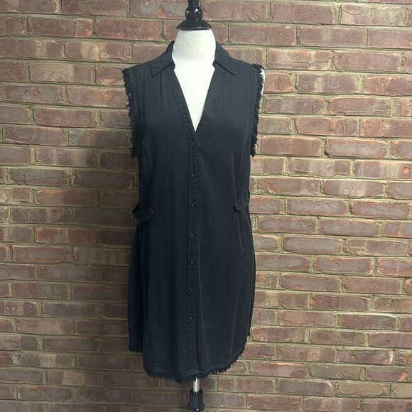 Maven West Women’s Black Frayed Button Front Sleeveless Dress Size Large NEW - Picture 3 of 9